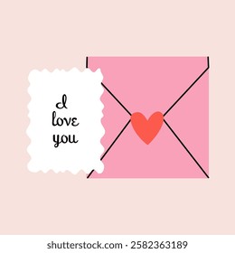 Valentine's Day card design. Envelope and paper with text and heart inside. Vector illustration in flat style, hand drawn doodle.	