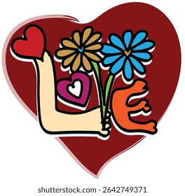 um cartão de Dia dos Namorados design com a palavra "AMOR" com elementos florais. coração, flor, mãos, afeto, amor, cuidado