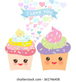 Valentine's Day Card design with Kawaii cake with pink cheeks and winking eyes, pastel colors on white background. Vector