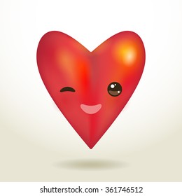 Valentine's Day Card design with Kawaii red heart with pink cheeks and winking eyes, on white background. Vector