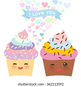 Valentine's Day Card design with Kawaii cake with pink cheeks and winking eyes, pastel colors on white background. Vector