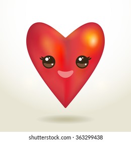 Valentine's Day Card design with Kawaii red heart with pink cheeks and winking eyes, on white background. Vector