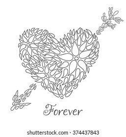 Valentines day card design with letter "forever". Flowers hearts wreath. Vector illustration EPS10 isolated on white background. Coloring book.