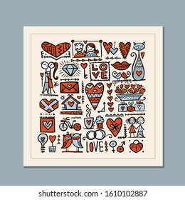 Valentine's day card design. Love icons collection. Wedding set. Vector illustration