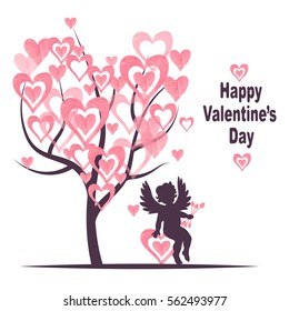 Valentines Day card design with Love tree and cute cupid. Vector romantic illustration.