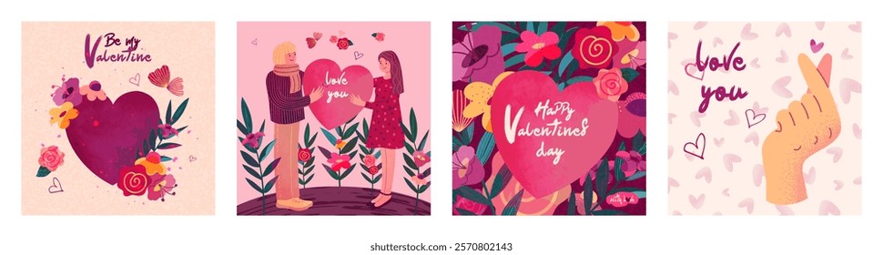 Valentine's Day card design. A man and a woman with a heart in their hands, flowers, a hand gesture - love. Square, watercolor texture.