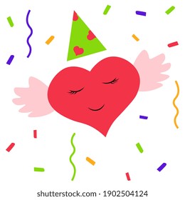 Valentine's day card design. Red heart character with wings, cap, multicolored confetti on a white background. Festive illustration.