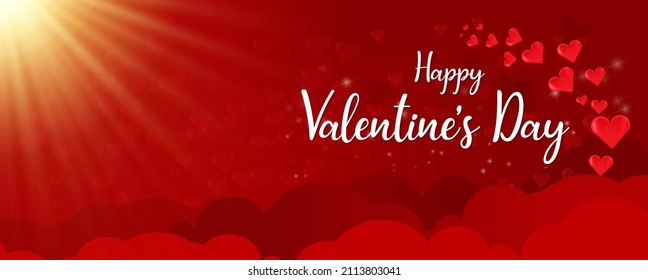 Valentine's day card design in red with hearts and sunlight. Romance and love concept.