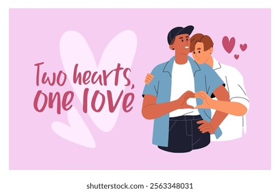 Valentine's Day card design. Romantic couple of gays hugs on template of 14 February postcard. Happy lovers, LGBT beloveds love each other, hug, gesturing heart together. Flat vector illustration