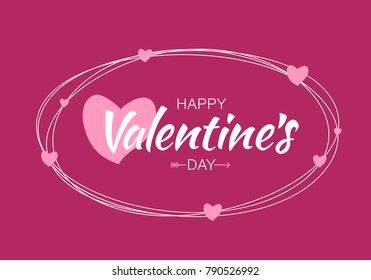 Valentines Day card design. Scribble lines oval with hand drawn typographic lettering isolated on bright purple background with pink hearts. Vector love Illustration of a Valentine's Day EPS10.