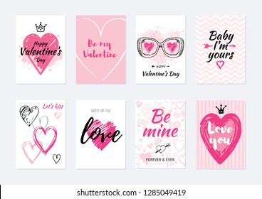 Valentine's day card design set. Posters with hearts, sunglasses, slogan. Vector illustration for greeting gift tag, t shirt print. Trendy hand drawn doodle style, cool flyer template, white isolated