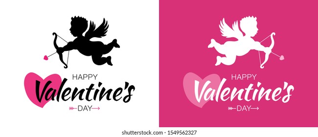 Valentines Day card design set. Cupid silhouette with bow and arrow. Pink white heart background. Flying Angel. Amur symbol of love for Valentine's Day. Wedding invitation card. Vector illustration.