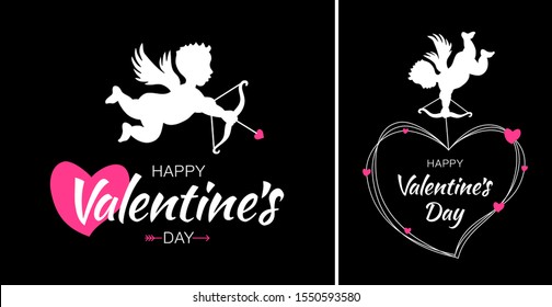 Valentines Day card design set. Cupid silhouette with bow and arrow and red heart on black background.  White flying Angel. Amur symbol of love for Valentine's Day. Wedding invitation card. Vector. 