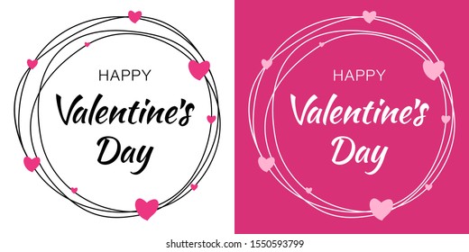 Valentines Day Card Design Set. Circle Heart Frame With Hand Drawn Typographic Lettering Isolated On White Background With Pink Hearts. Vector Love Illustration Of A Valentine's Day EPS10.