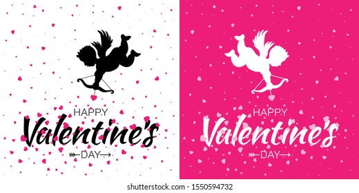 Valentines Day card design set. Cupid silhouette with bow and arrow. Pink white heart background. Flying Angel. Amur symbol of love for Valentine's Day. Wedding invitation card. Vector illustration.