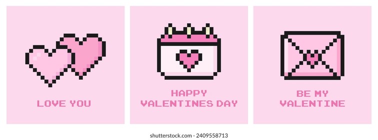 valentine's day card design set, pixel art, vintage, 8 bit, 80s, 90s arcade game style, templates, for social media, postcards, flyers and more, vector illustration