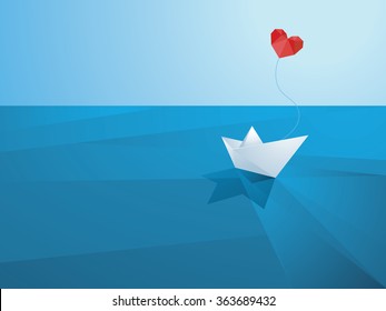 Valentine's day card design template. Low poly paper boat with heart shaped balloon sailing over the waves. Eps10 vector illustration.