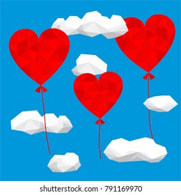 Valentine's day card design template. Low poly hearts with shaped balloons. Blue sky and polygonal clouds. 
