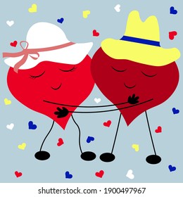 Valentine's Day card design. Two red amusing hearts in hats hugging on a blue background.