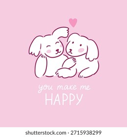 Valentine's Day card design. Vector Illustration. pair of puppies hugging. Cute Animal Character, Heart and love lettering on pink background.  