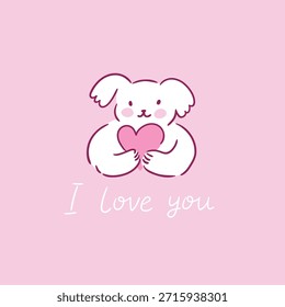 Valentine's Day card design. Vector Illustration. Puppy holds a heart in its paws. Cute Animal Character, Heart and love lettering on pink background.  