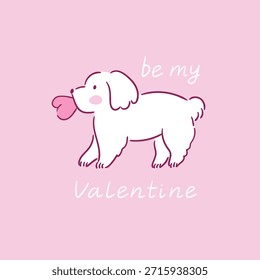 Valentine's Day card design. Vector Illustration. Puppy carries a heart. Cute Animal Character, Heart and love lettering on pink background.  