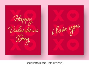 Valentines Day Card Designs. Set of Modern and Trendy Vector Design templates for Valentines Day Greeting Card. XO XO Typography Background with Gold Handwritten Style 'Happy Valentine's Day' Text