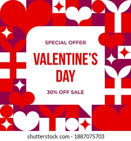 Valentines day card with discount offer. Valentine's Day sale background with gifts and hearts. Vector illustration for social media, website, posters, coupons, promotional materials.