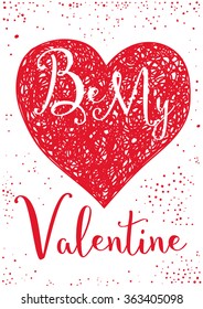 Valentines day card. Doodle heart and lettering on white background.
