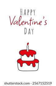 Valentine's Day Card with Doodle Icon and Text Happy Valentine's Day. Vector Illustration with Red Cake and Candle Hand Drawn. Modern Kids Greeting Card for Birthday. Cute Modern Poster. Minimalistic 