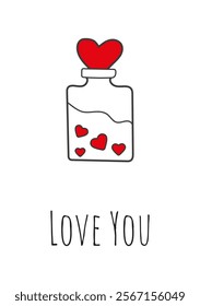 Valentine's Day Card with Doodle Icon and Text Happy Valentine's Day. Vector Illustration with Love Potion Hand Drawn. Modern Kids Greeting Card for Birthday. Cute Modern Poster. Minimalistic design.