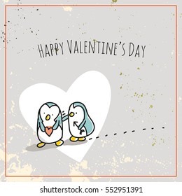 Valentine's day card doodle style vector illustration. Cute penguins couple with heart, love symbol.