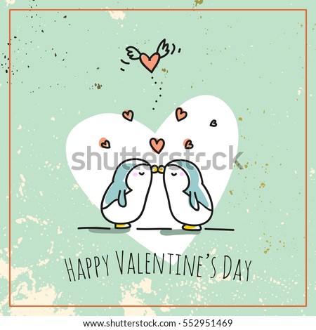Valentine's day card doodle style vector illustration. Cute penguins couple with heart, love symbol.