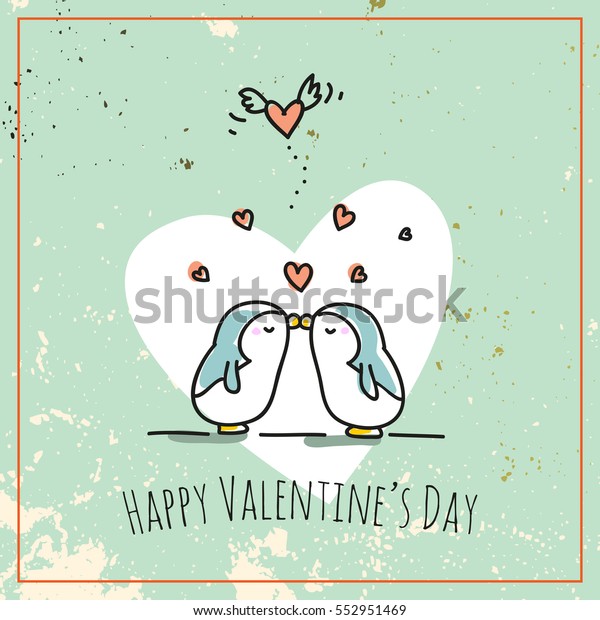 バレンタインデーカード落書き風ベクターイラスト かわいいペンギンは心と愛の象徴を結びつける のベクター画像素材 ロイヤリティフリー