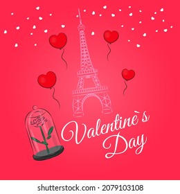 Valentines day card valentines day eiffel tower rose in glass heart shaped balloons and lettering on pink background greeting card be my valentine Vector illustration