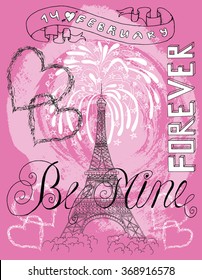 Valentines' Day card with the Eiffel Tower, hearts, text and salute on pink.  Line art doodle illustration with hand drawn elements. Love and holiday theme