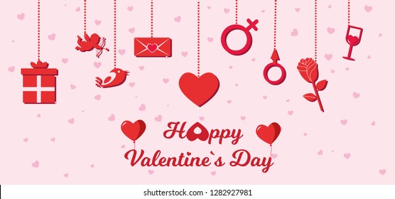 valentine's day card with valentine's day elements and wish on a pink background with hearts