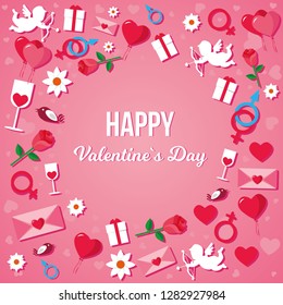 valentine's day card with valentine's day elements and wish on a pink background with hearts