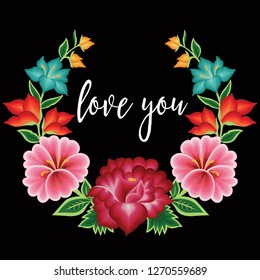 Valentine's Day Card. Embroidery Style from Oaxaca, Mexico - Floral Composition – Copy Space