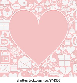 Valentines Day card with empty space in the form of heart on the background of the icons. Vector illustration