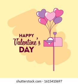 valentines day card with envelope and balloons helium vector illustration