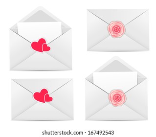 Valentine`s Day Card with Envelope, Heart and Rose Flower Vector Illustration