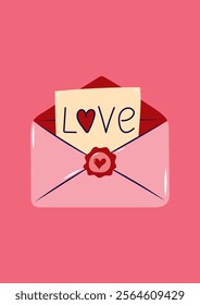 Valentine's Day Card with Envelope and Note. Simple cute greeting card. Vector illustration.