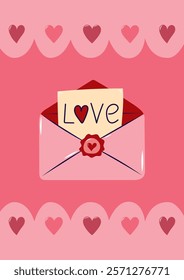 Valentine's Day Card with Envelope and Note. Simple cute greeting card. Vector illustration.
