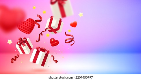 Valentines day card with falling gift boxes, hearts, ribbons and confetti. 3d vector banner with copy space