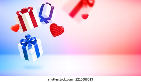 Valentines day card with falling gift boxes and hearts. 3d vector banner with copy space