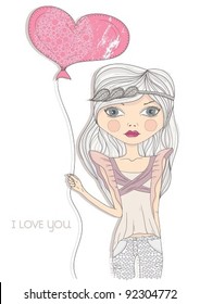 Valentine's day card. Fashion girl with heart shape balloon. Postcard, greeting card or invitation.