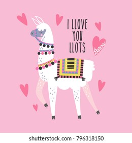 Tarjeta de San Valentín con una llama linda con elementos dibujados a mano.