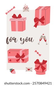 Valentine's Day card featuring hearts, bows, strawberries, gift box on a white background, celebrating love and romance