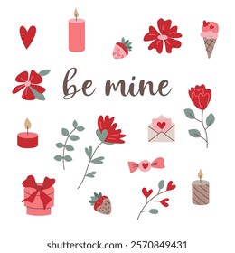 Valentine's Day card featuring hearts, bows, strawberries, gift box on a white background, celebrating love and romance